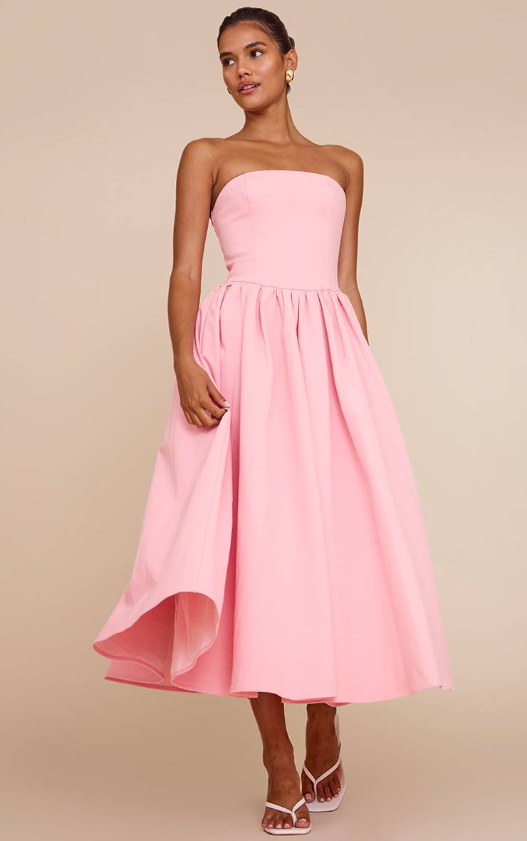 Rose Bonbon Robe Patineuse Mi-longue À Bandeau Froncé En Tissu Tissé