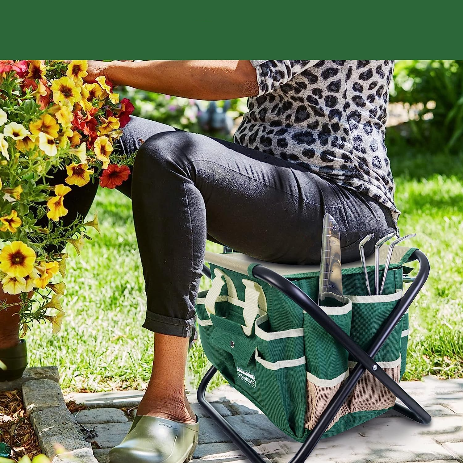 (7-tlg. Set) 2in1 Garten Klappstuhl Hocker mit Abnehmbarer Tragetasche Werkzeug Organizer inkl. Gartenwerkzeug