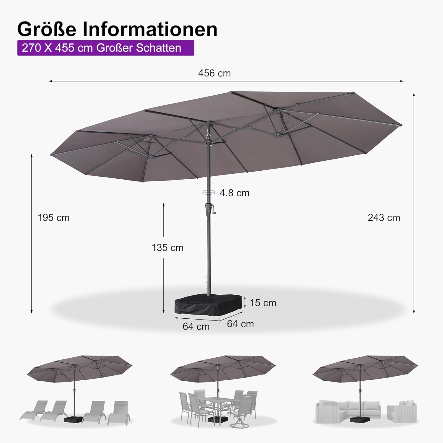 PURPLE LEAF 455 x 270 cm Doppelsonnenschirm Groß, Sonnenschirm XXL mit Kurbel Rechteckig Marktschirm für Terrasse, Balkon, Garten, Gestell Stahl, UV Schutz, Hellgrau