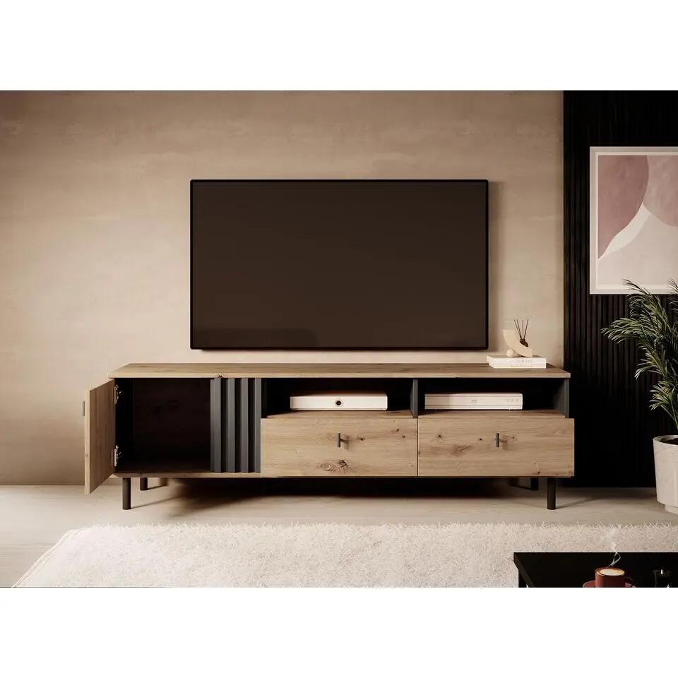 Meubella - TV-Meubel Marcos - Eiken - Antraciet - 165 cm