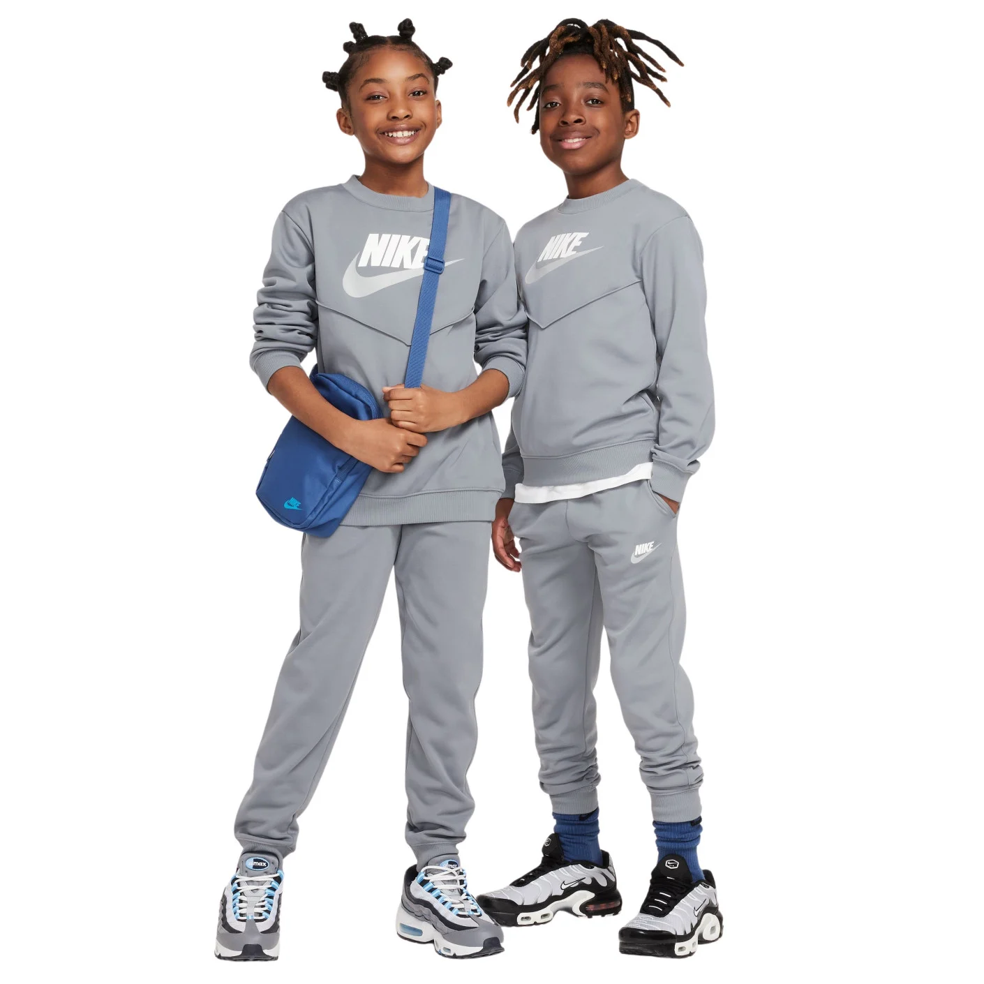 Nike Sportswear Big Logo Crew Trainingspak Kids Grijsblauw Wit Grijs