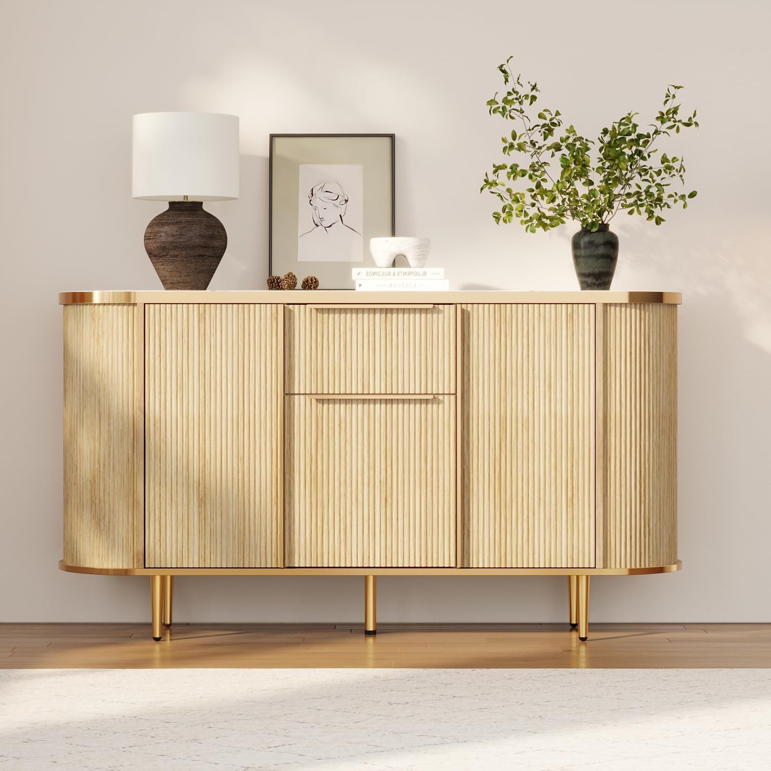 Caldion Sideboard mit 3 Türen und 1 Schublade kommode Wohnzimmer für Küchenschrank Küchenschrank Sideboard mit Schubladen Flur möbel buffetschrank Natürliche Holzfarbe 140x38.9x80cm