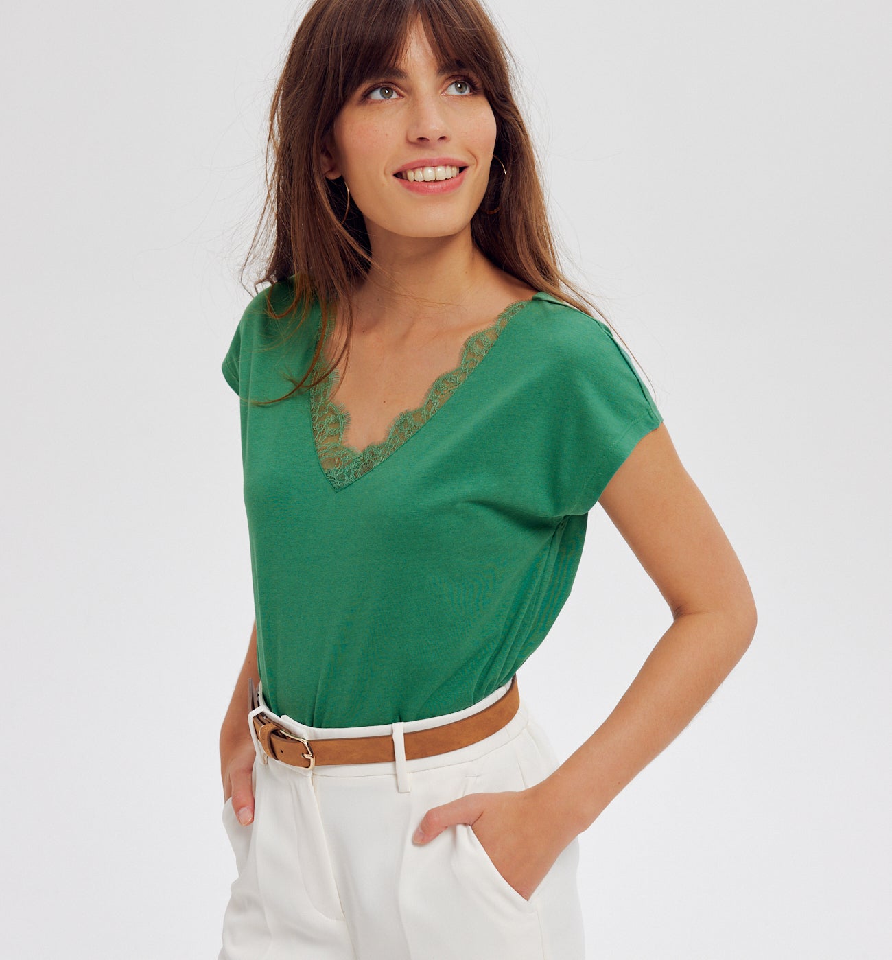 T-shirt détail dentelle Femme - Vert foncé