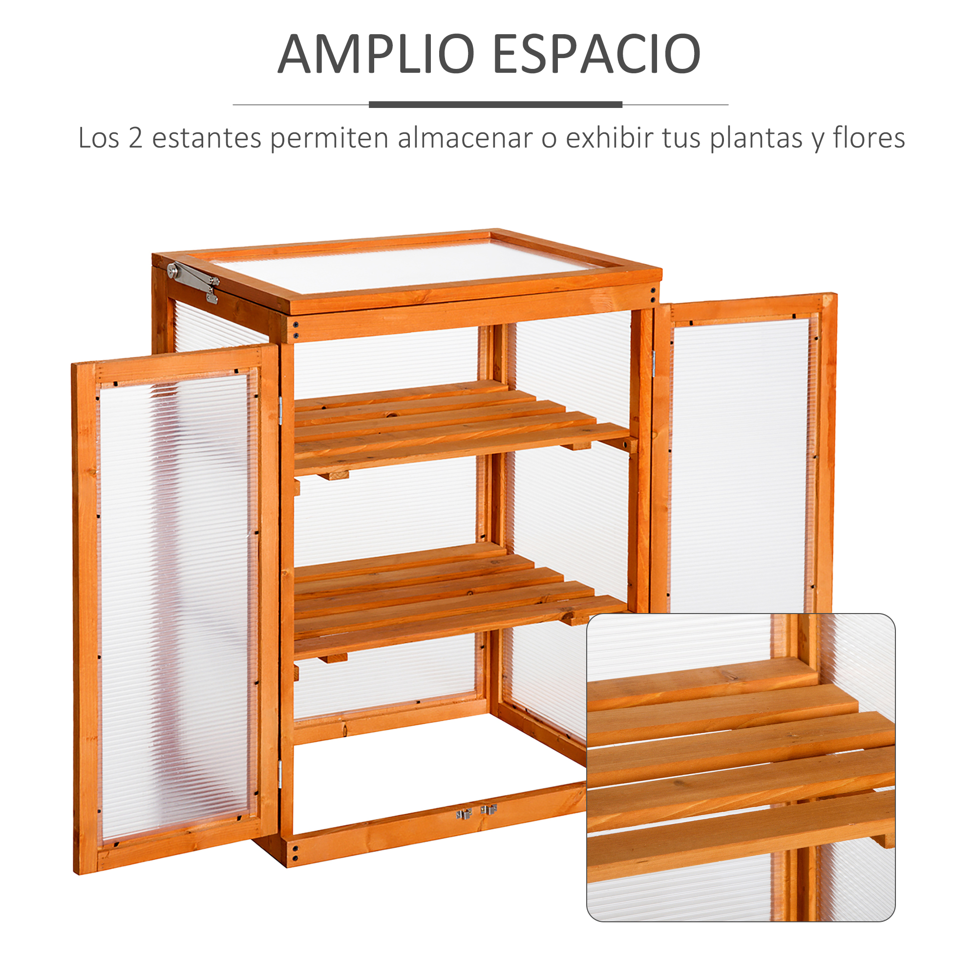 Estufa de jardim Outsunny em madeira e policarbonato, com 3 prateleiras, 2 portas e tampa articulada para cultivo de plantas em terraços ou pátios, 58x44x78 cm, cor natural.