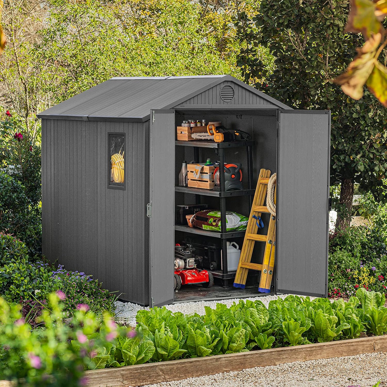 Keter Gerätehaus Darwin 6x8, Grau, Außenmaße 190x244x221cm, wartungsfrei, wetterfest, wasserdicht, mit Unterboden