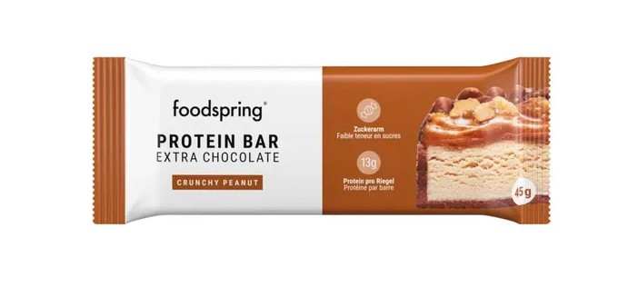 12x Foodspring Protein Bar Extra Chocolate Crunchy Peanut a`45g= 540g MHD:30.10.25