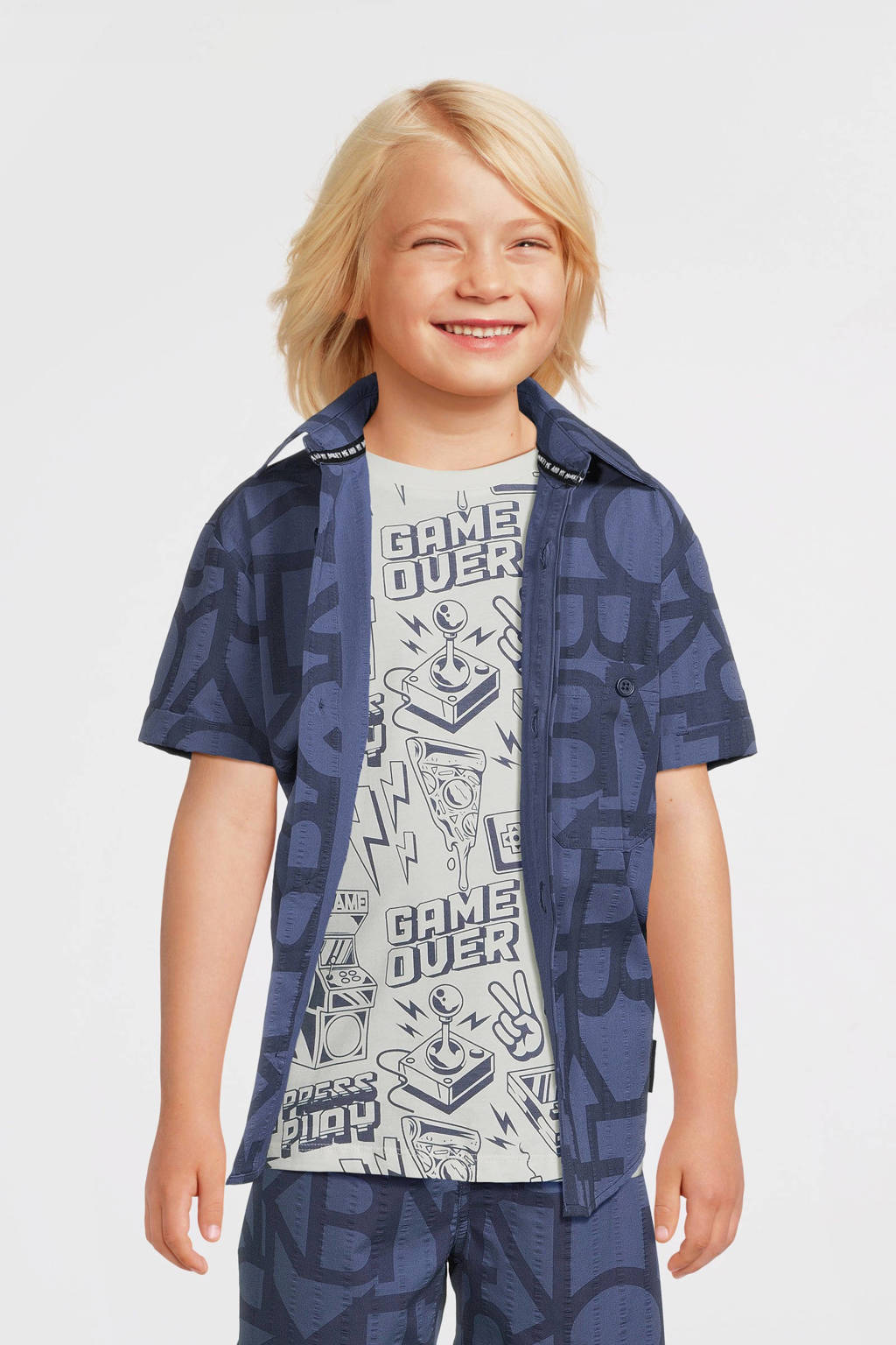Me & My Monkey overhemd Patrice metall over print blauw