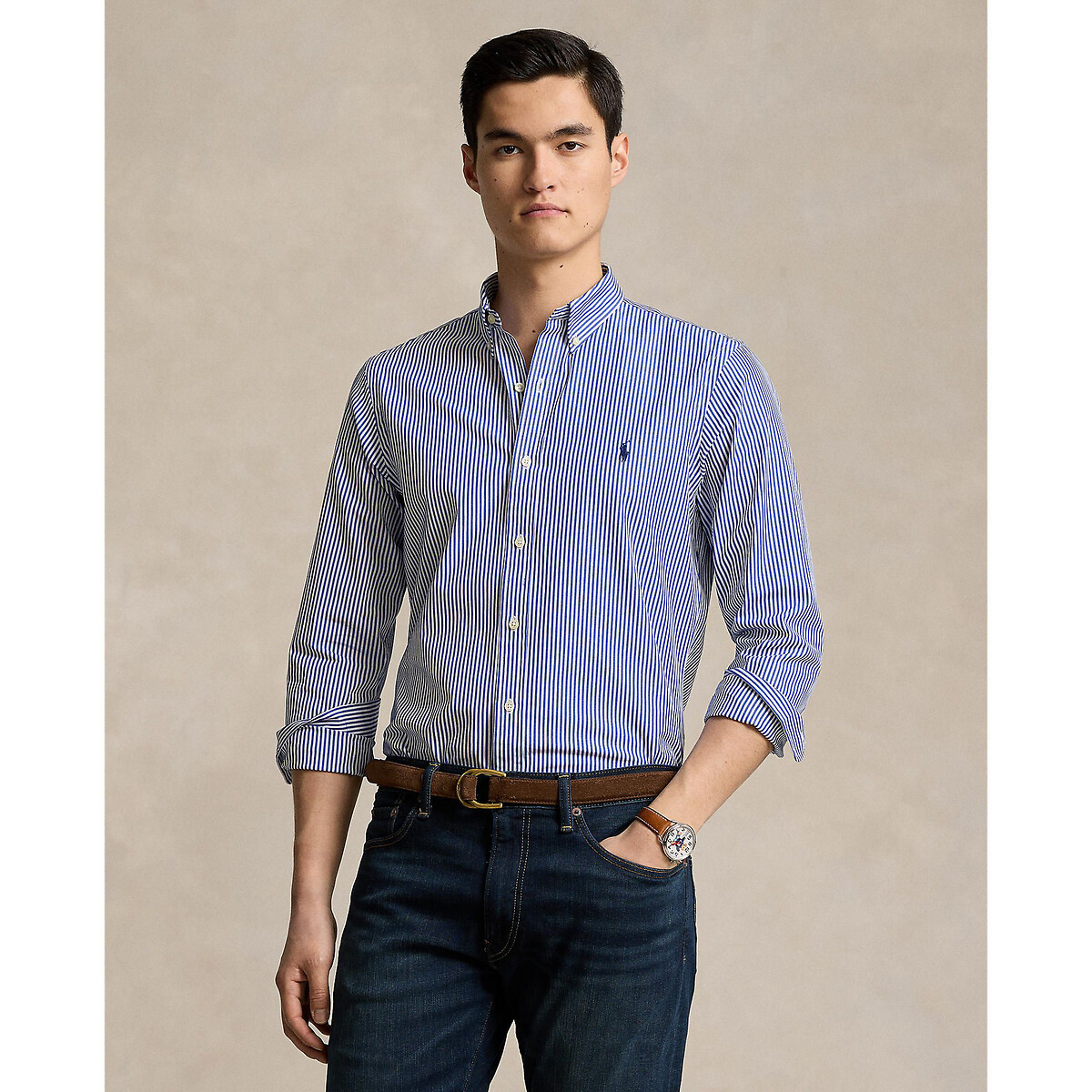 POLO RALPH LAUREN<br>Camisa listrada em popeline elástica, modelagem slim