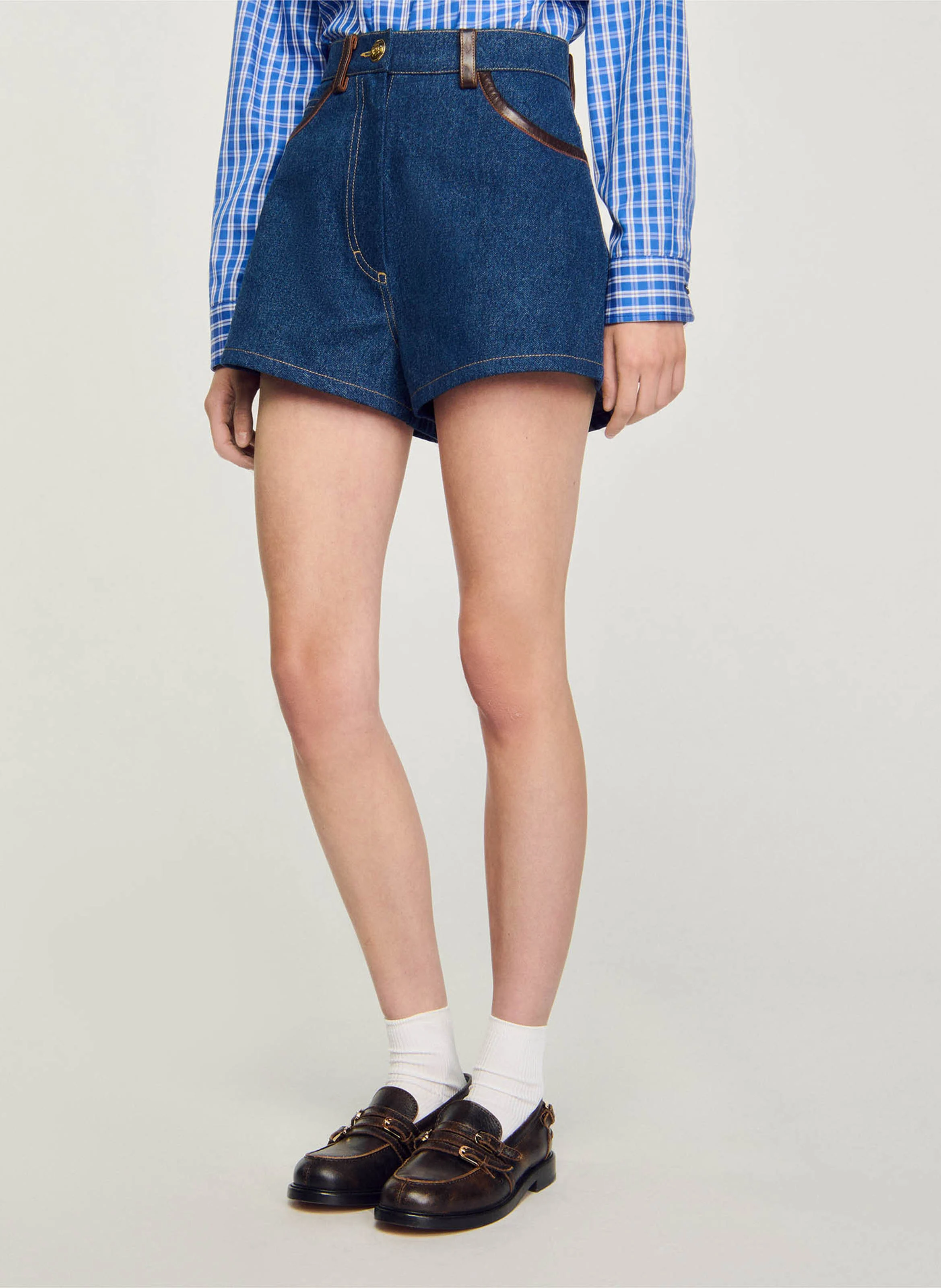 Short en jean détails en cuir | Bleu