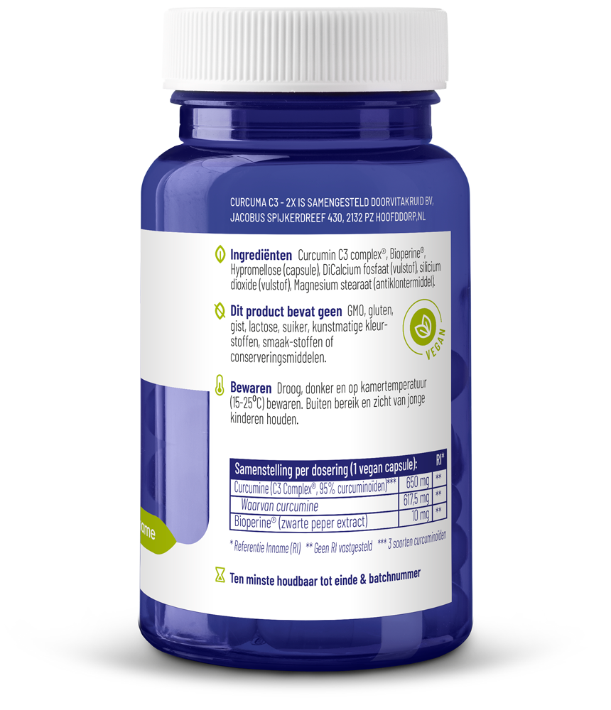 Vitakruid Curcuma C3-2X (95% Curcuminoïden) Met Bioperine® (30 vega capsules)