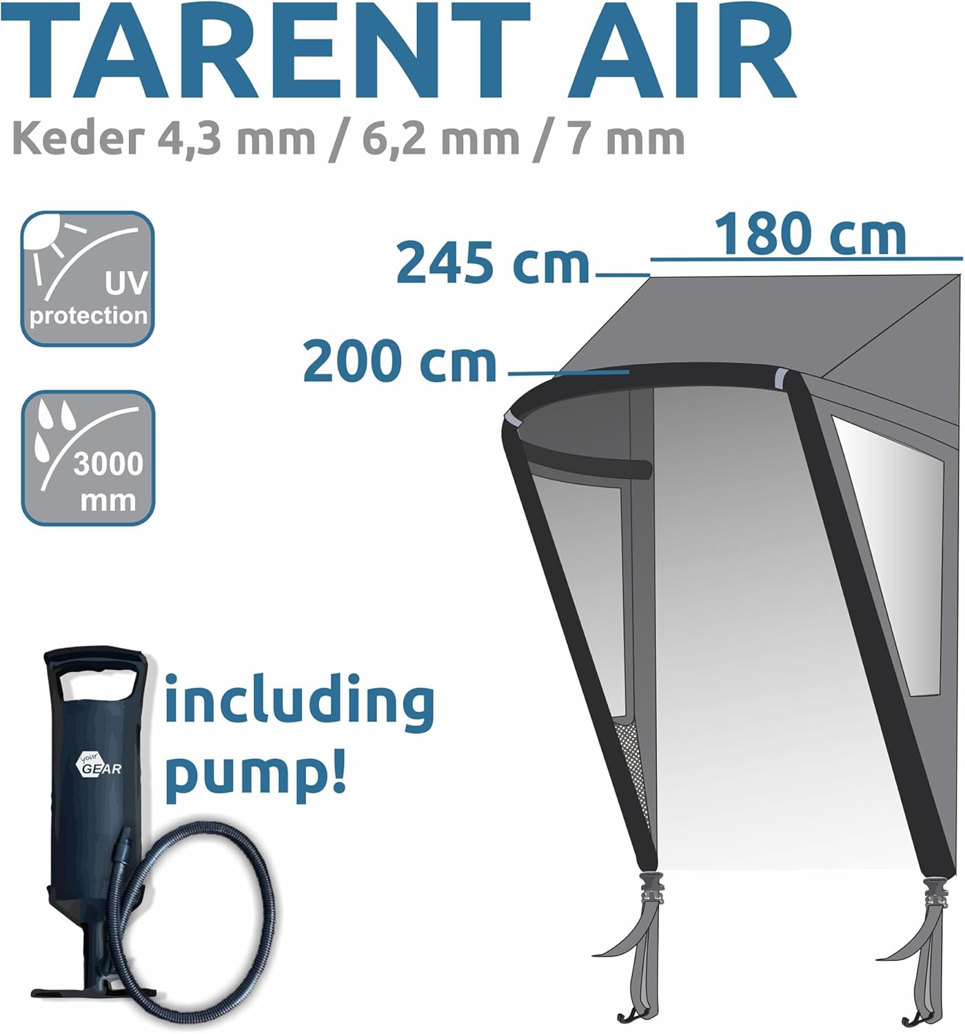 your GEAR Tarent 180 Air Markise - Aufblasbares Wohnmobil Vordach mit UPF 50+ - Sonnenschutz und Regenschutz, Leichte Überdachung - Vorzelt Wohnwagen Tür