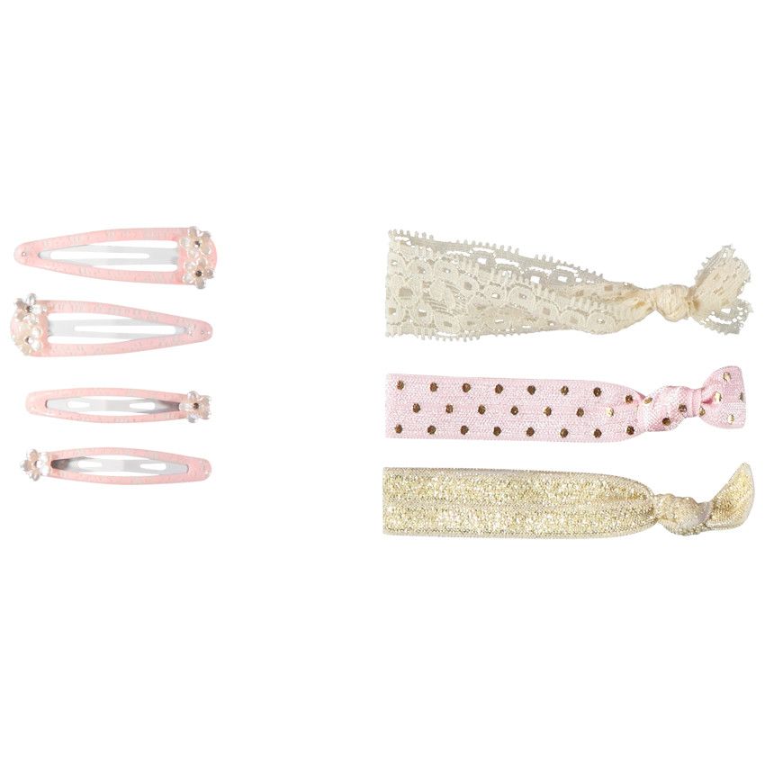 Lot de 4 barrettes + 3 élastiques fantaisie pour fille - Rose