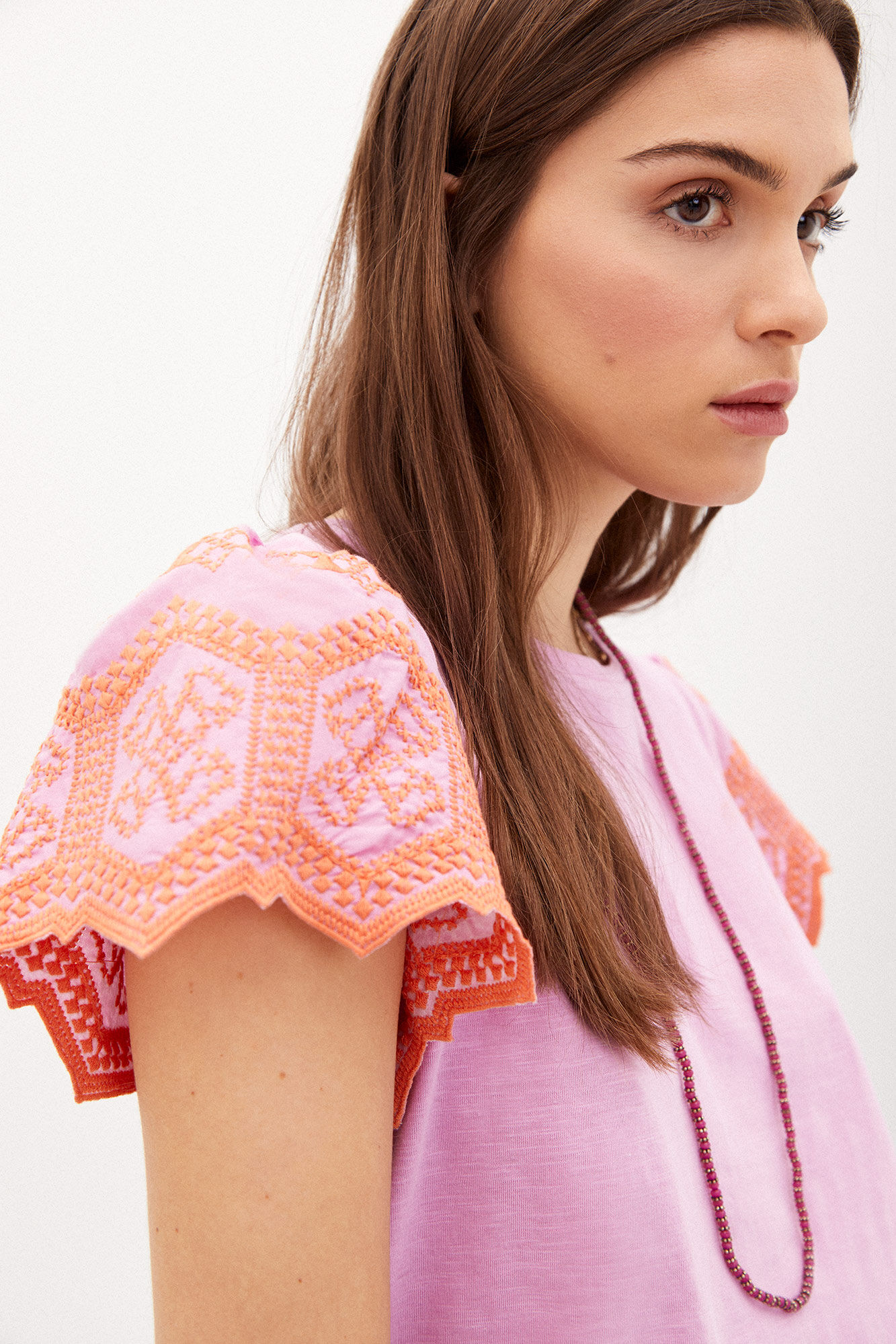Camiseta Marie de algodão bordada - Rosa