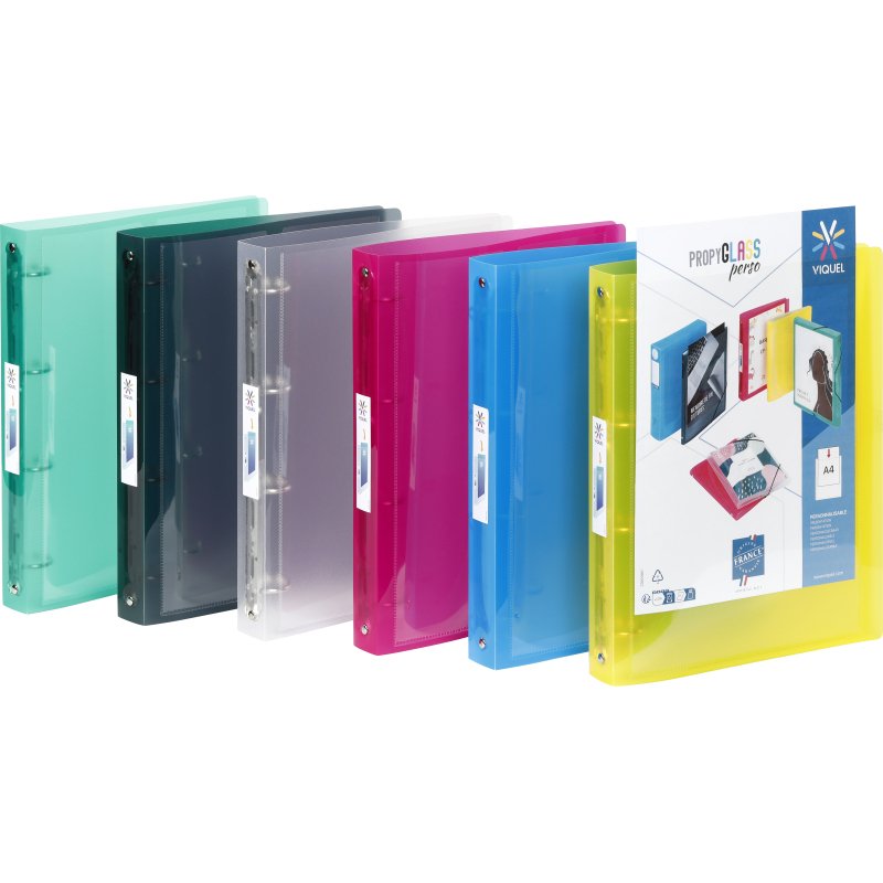 Classeur 4 anneaux plastifié Viquel Propyglass personnalisable A4 – Dos 3.5 cm couleurs assorties translucides