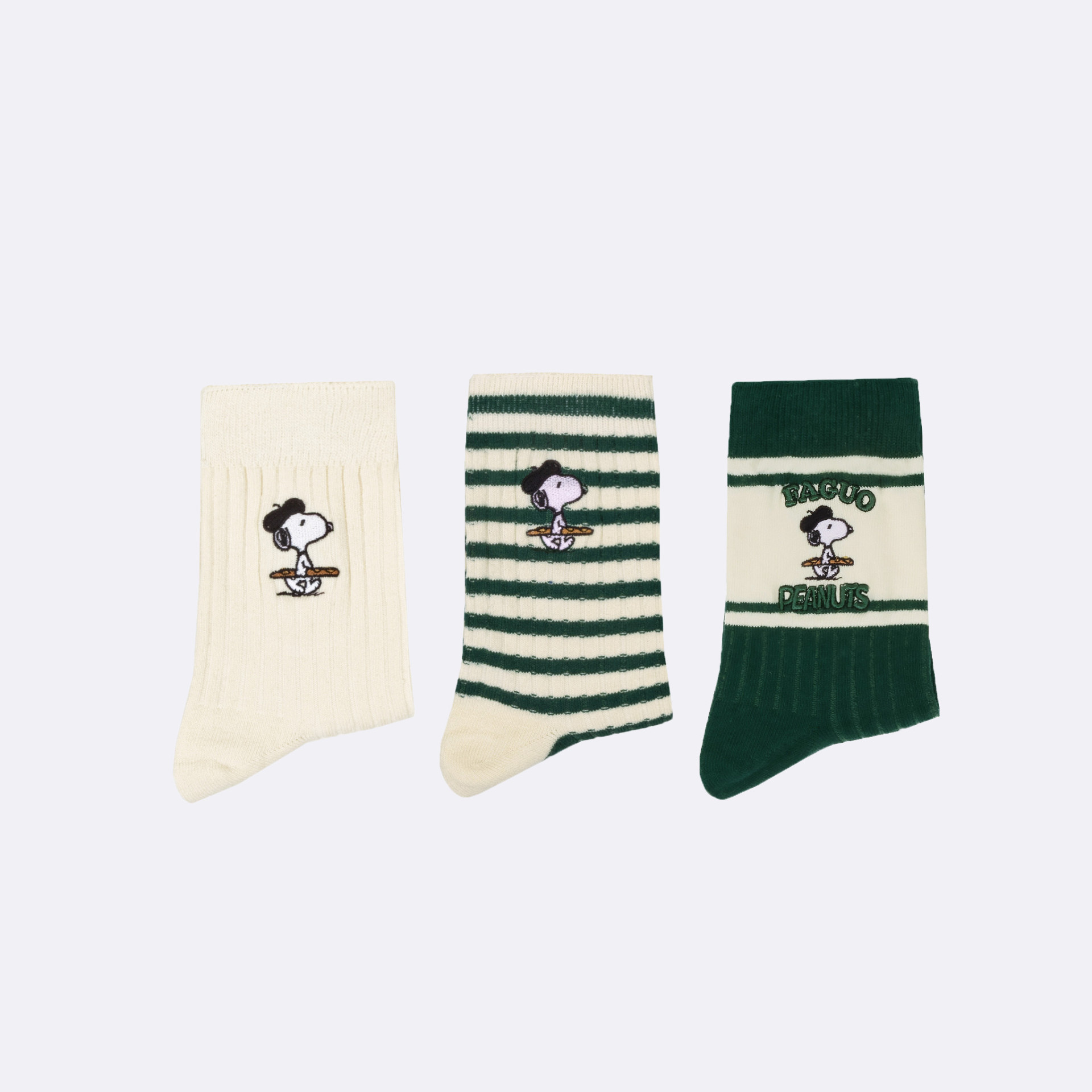Chaussettes Peanuts écrues & vert foncé coton et polyester recyclé - modèle short socks x3