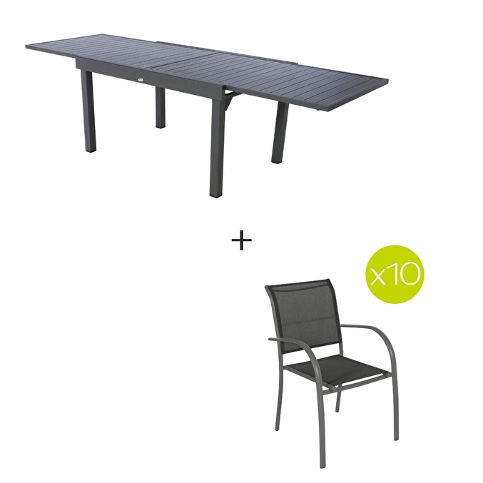 Ensemble table de jardin extensible + 10 fauteuils PIAZZA Graphite
