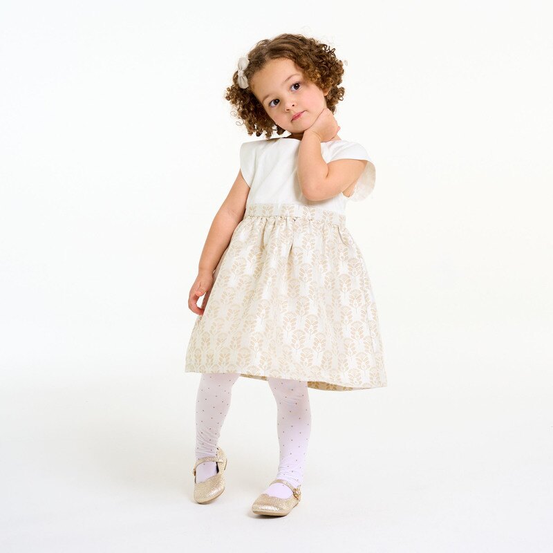 Robe de fête bi-matière motif jacquard brillant bébé fille Jaune