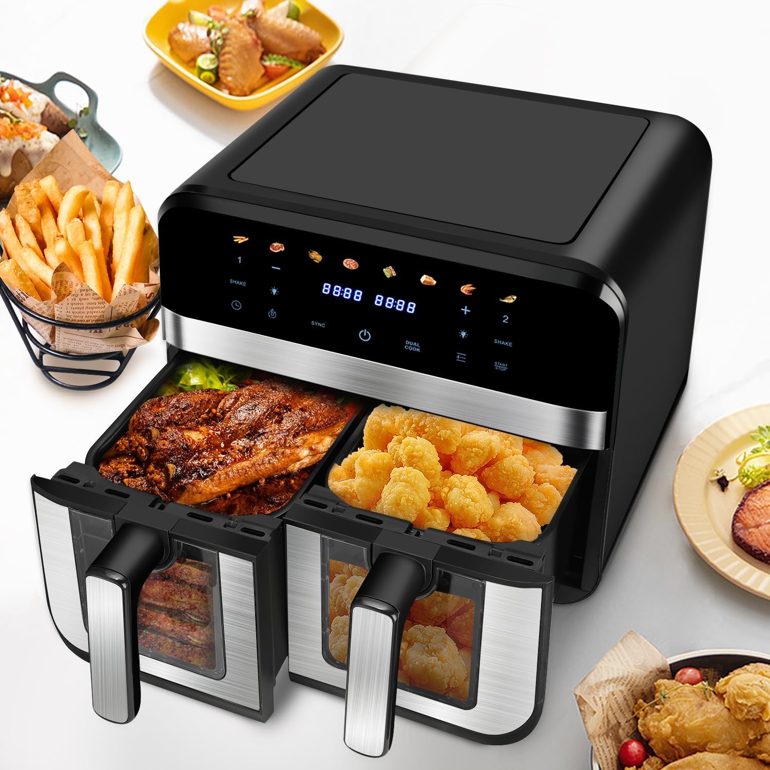 Dual Zone Heißluftfritteuse, XXL 9L Rapid AirFryer, 2 Fächer, 8 Programme, 80°C- 200°C, 2400W, Heißluftfritteusen ohne Öl, Grillen, Backen, Braten, Spülmaschinenfest, Antihaftbeschichtung