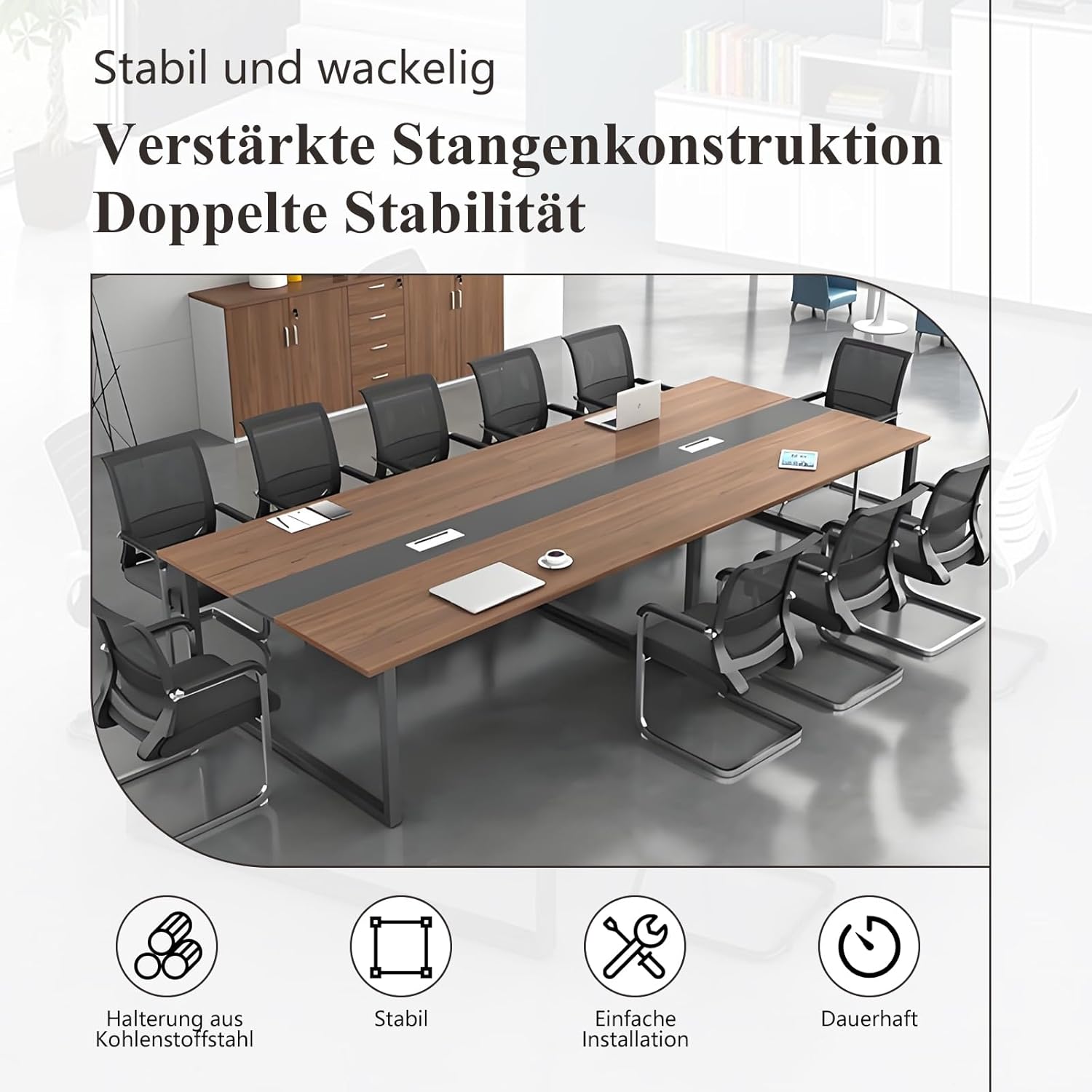 Großer Konferenztisch Büro – Moderner Besprechungstisch mit Kabelmanagement, Rechteckiger Meetingtisch für 8–12 Personen, Stabiler Metallrahmen (ohne Stühle)