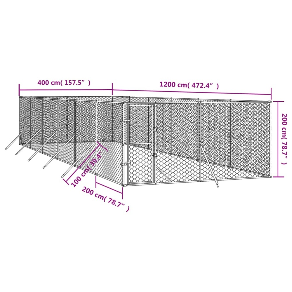 Chenil d'extérieur pour chiens argenté 4x12x2 m acier galvanisé