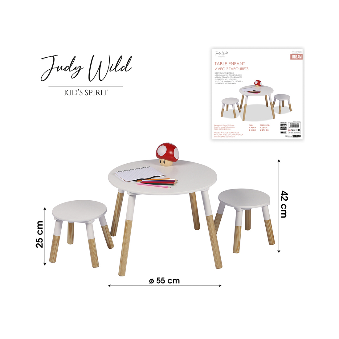 Judy Wild Kinderholztisch mit 2 Hocker