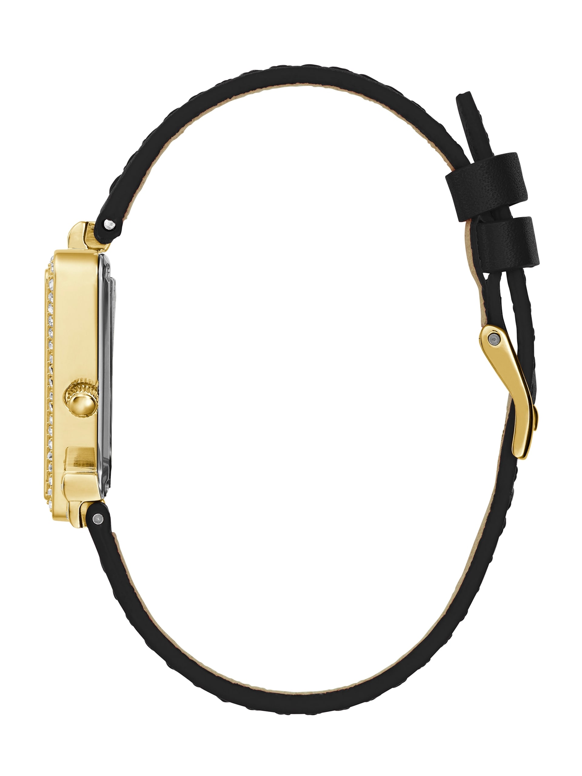 Relógio analógico triangular dourado com pulseira de couro preta
