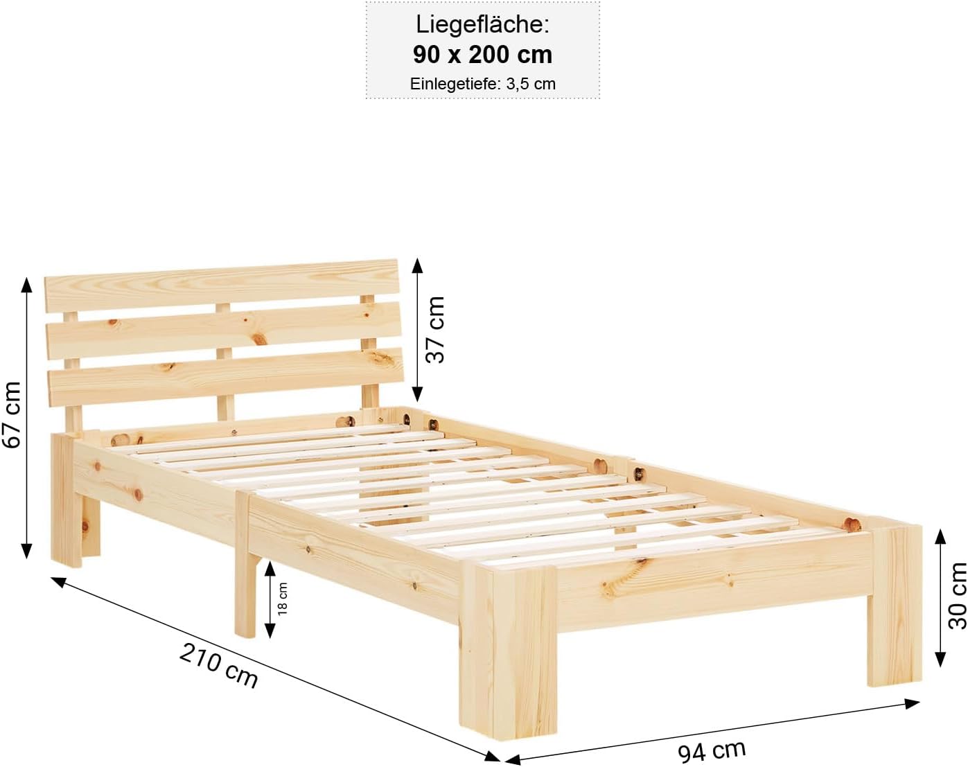 Homestyle4u 2191, Massivholzbett 90x200 mit Lattenrost Holzbett Natur Kiefer Holz Bett Bettgestell Einzelbett