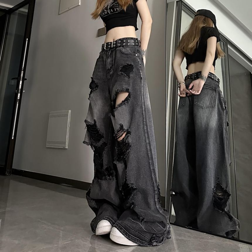 Chisan - Mid Rise Washed Ripped Wide Leg Jeans