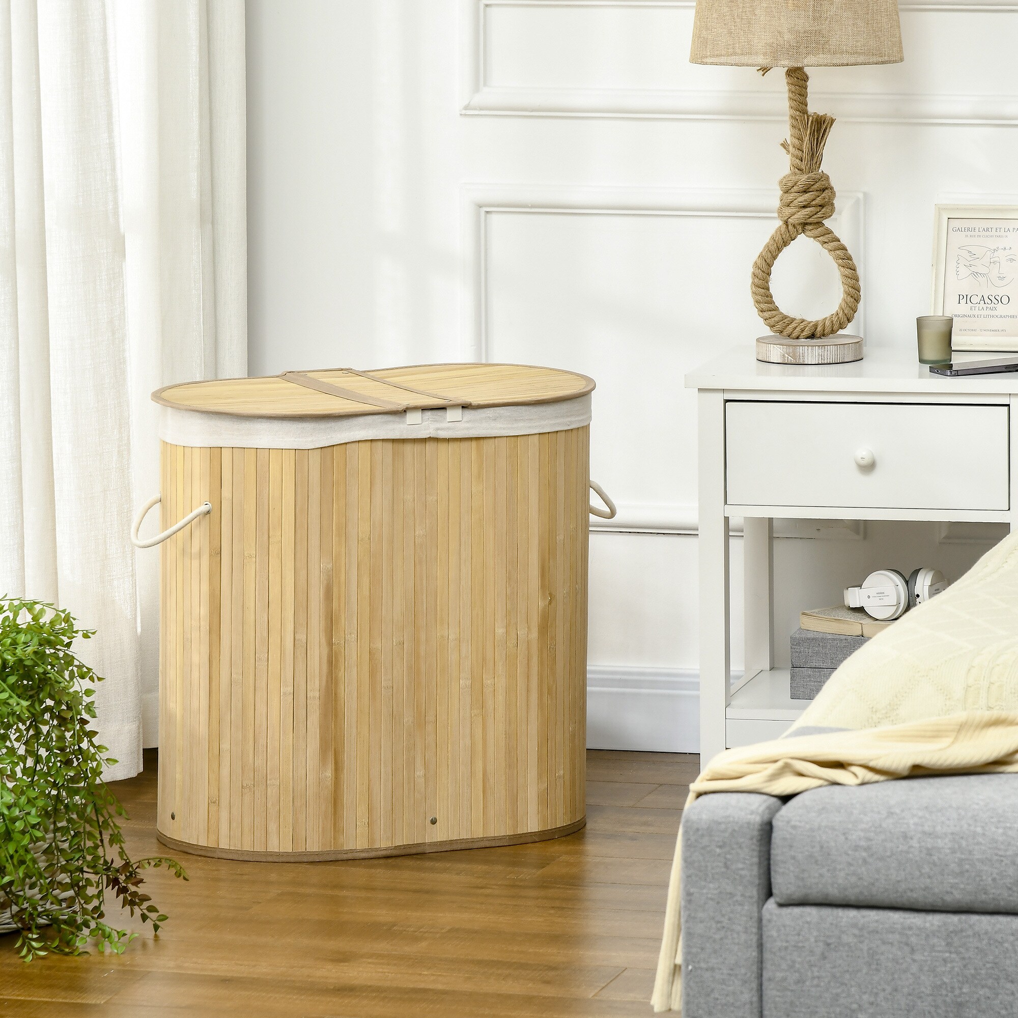 HOMCOM Wäschekorb mit Deckel natur 62,5L x 37B x 60,5H cm