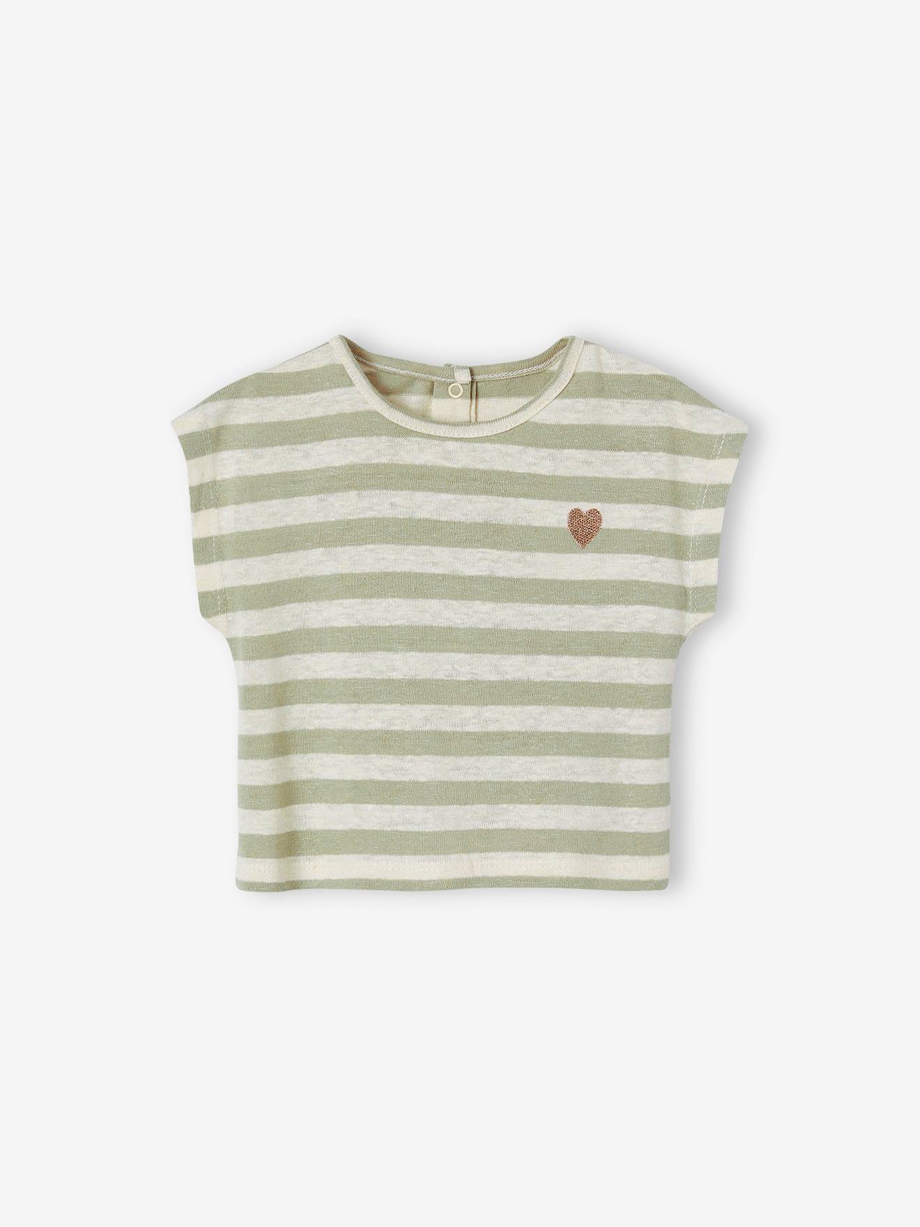 Roupa de bebê: shorts, camiseta listrada e faixa de cabelo verde-acinzentada.
