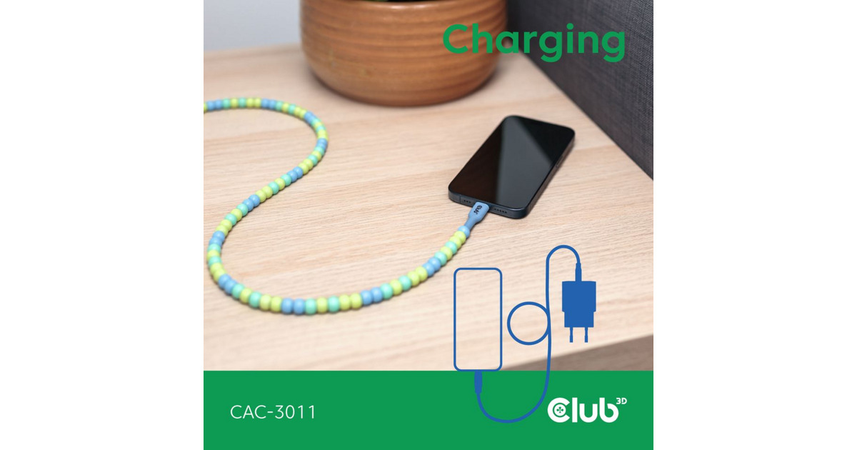 Club 3DUSB-C Beaded Cable Blue, 2 meter kabel  (Roze)