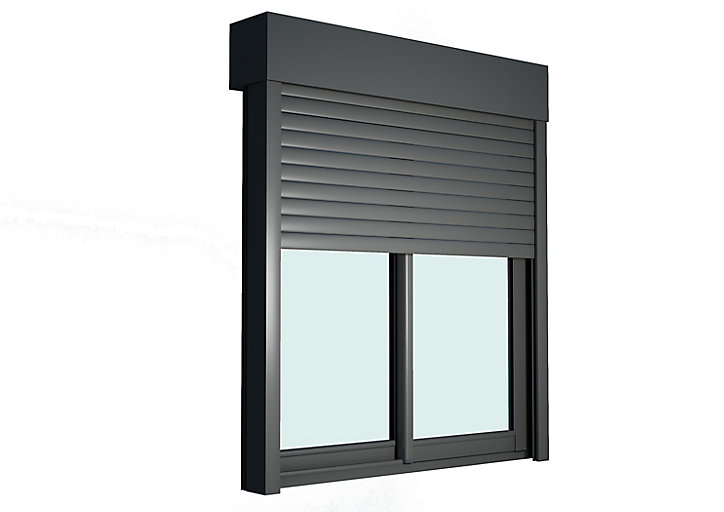 Baie vitrée coulissante alu + volet roulant motorisé Goodhome gris - l.180 x h.215 cm - Uw 1,7