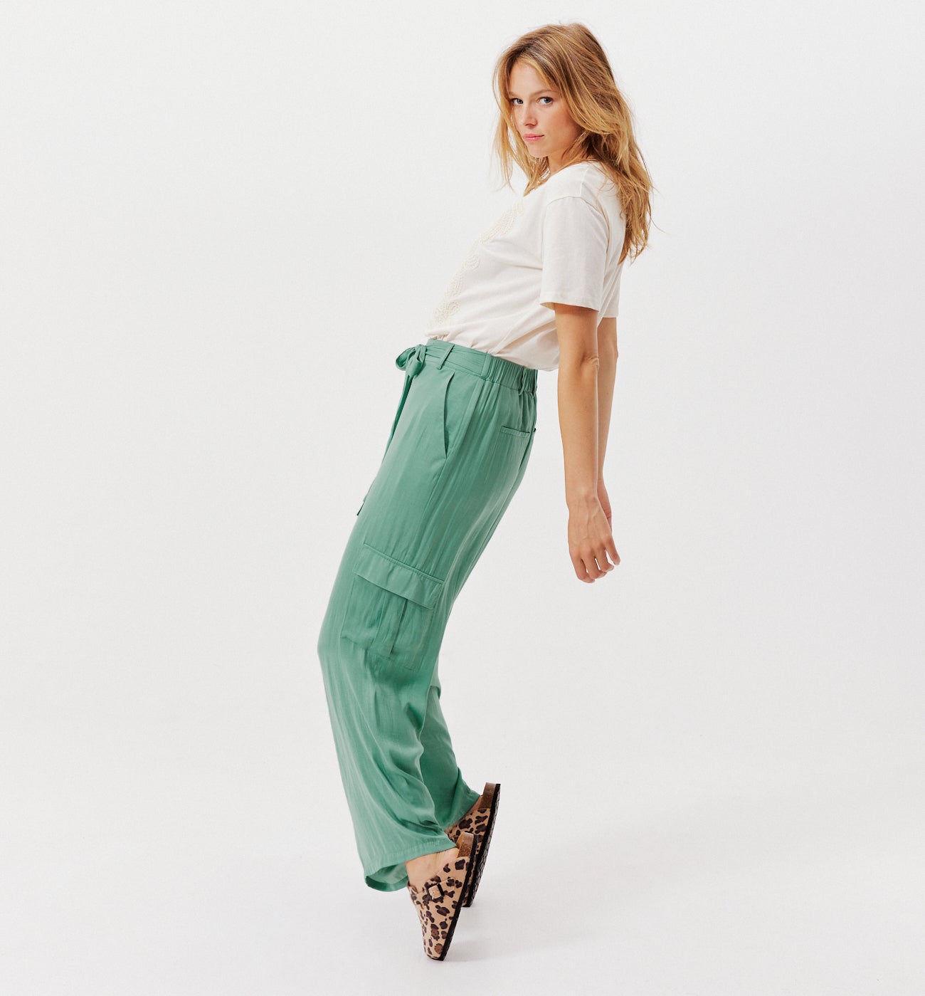 Pantalon cargo en satin Femme - Turquoise
