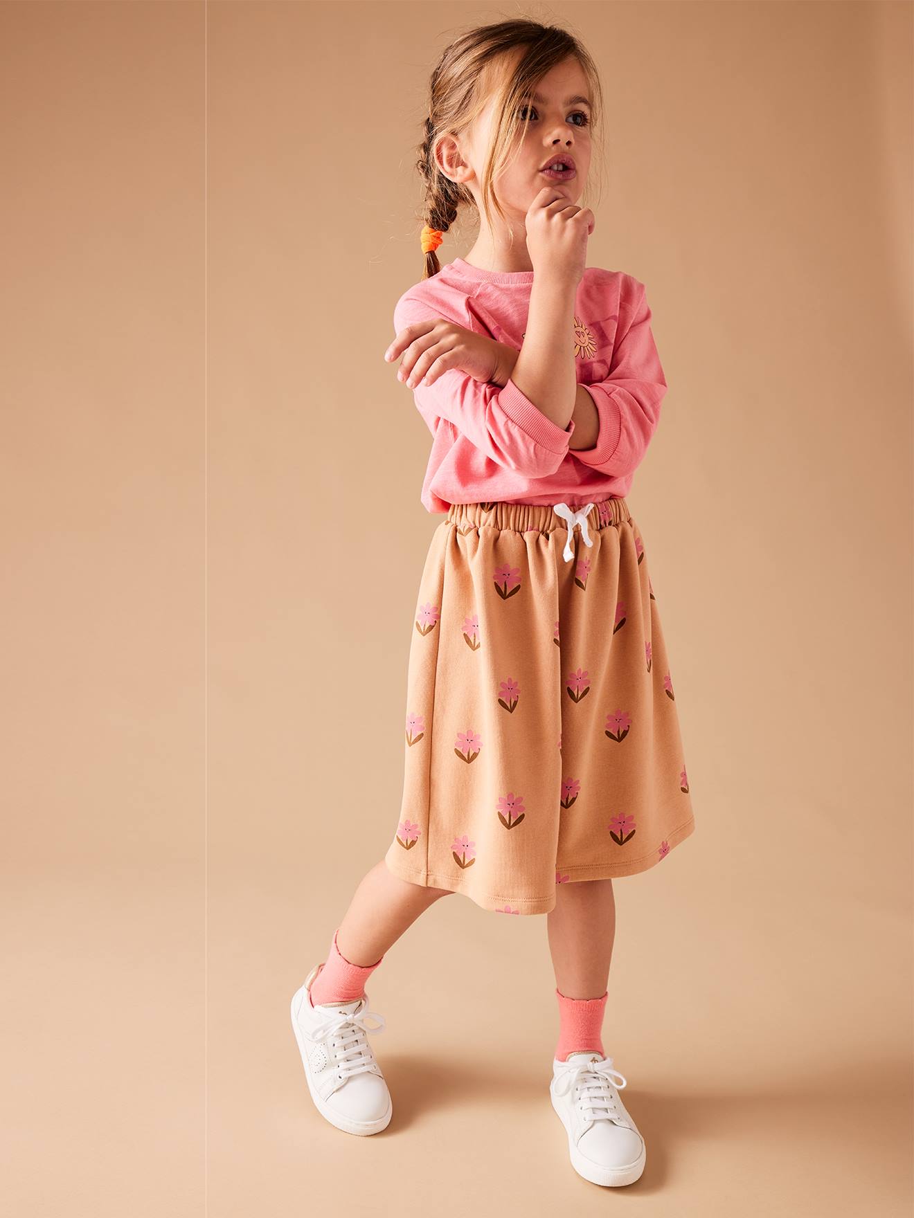 Saia midi de tecido atoalhado floral pêssego para meninas