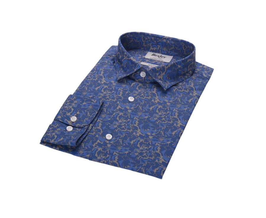Chemise bleue indigo à motif tropical kaki - GALLIBERT