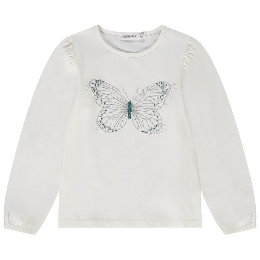 T-shirt manches longues motif papillon en strass pour fille - Ecru