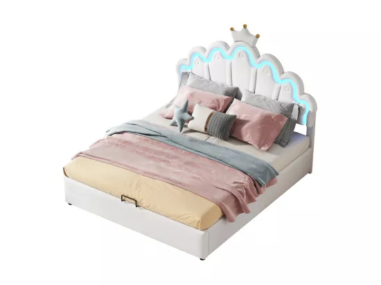 Lit coffre rembourré en similicuir 140x200cm - lit princesse avec LED et moulures en couronne - Blanc