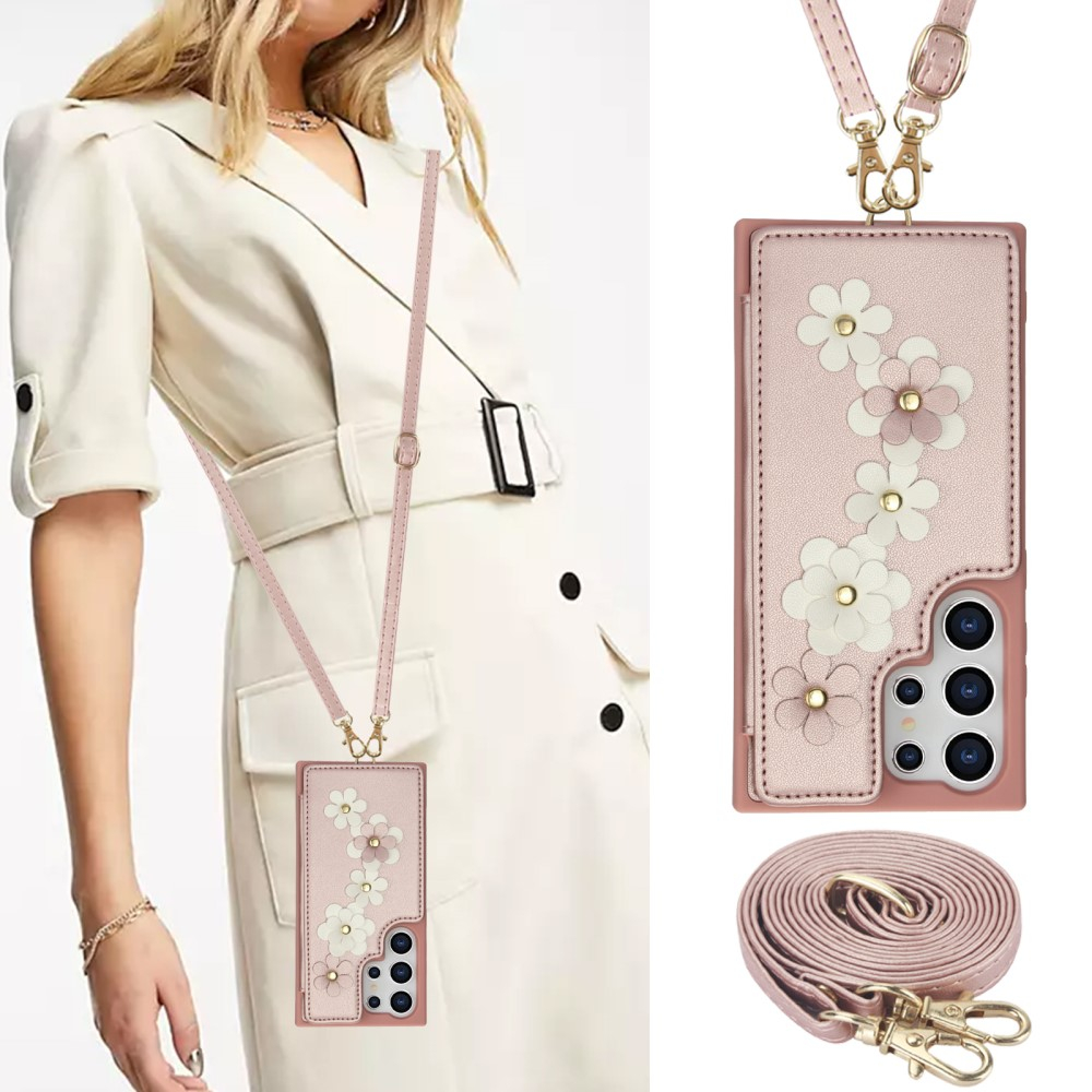 Samsung Galaxy S25 Ultra Necklace Leder Schutz Hülle mit Kartenfächer Blumen   Handykette (140cm) - Roségold