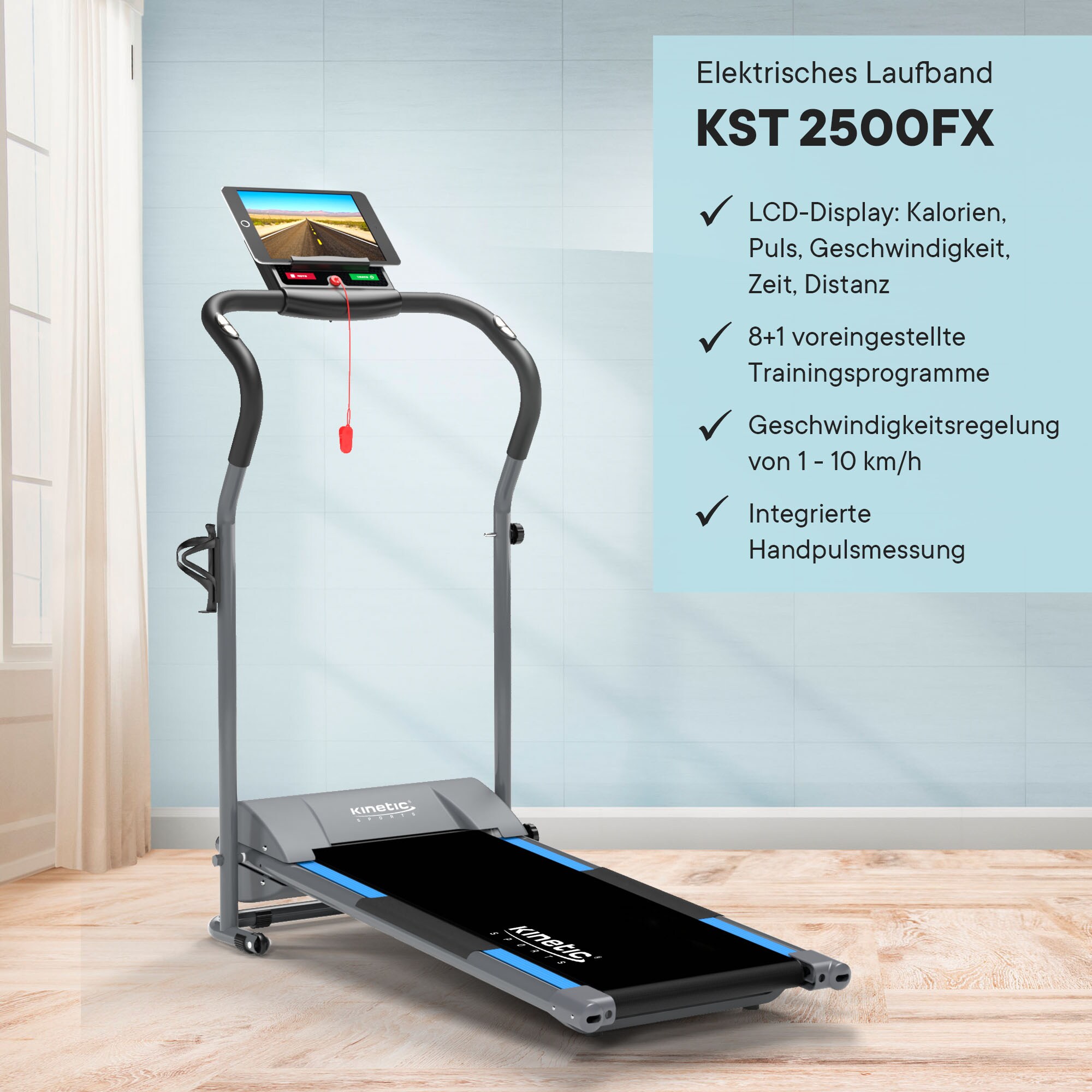 KINETIC SPORTS Elektrisches Laufband KST2500FX - Klappbarer Heimtrainer für Zuhause bis 10 km/h, mit LCD-Anzeige, Tablet Holder, Kompaktes Laufband Walking Pad für Zuhause und Büro | Grau