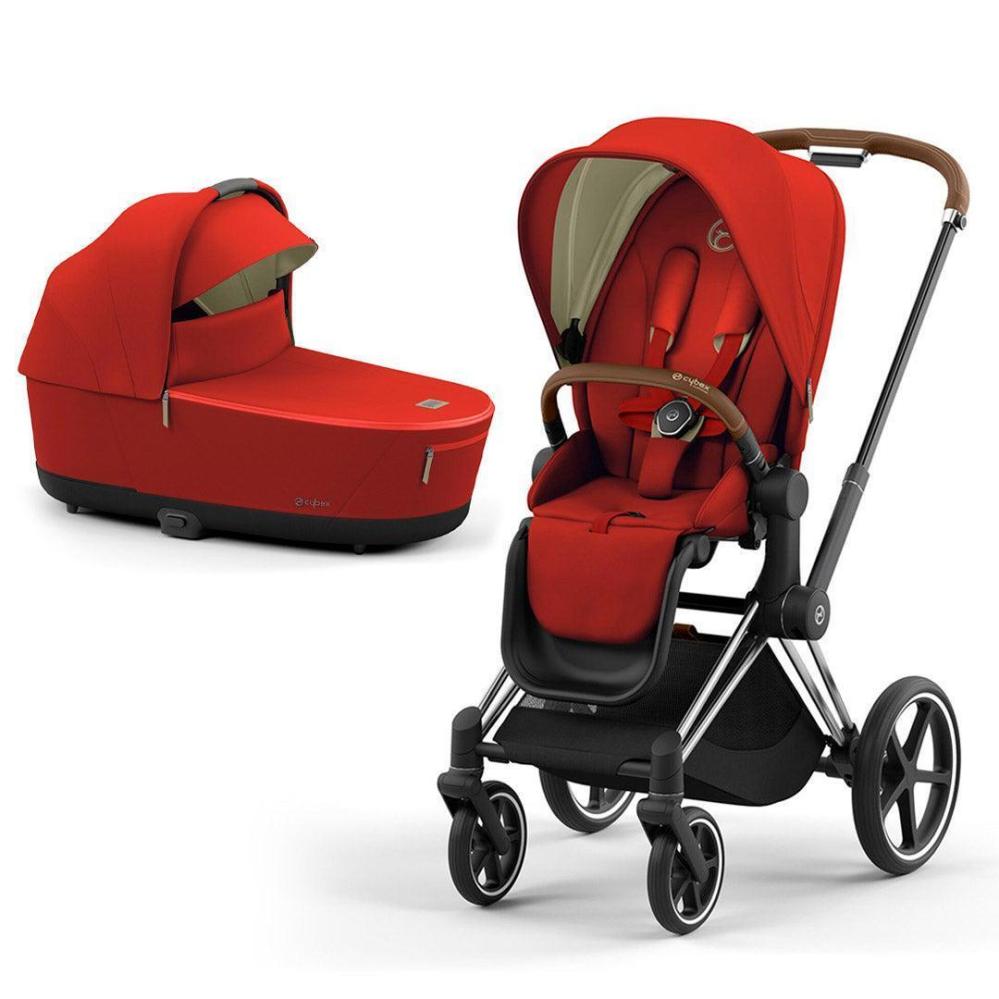 Carrinho de bebê Cybex Priam V4, cor dourada outono, com estrutura marrom cromada.