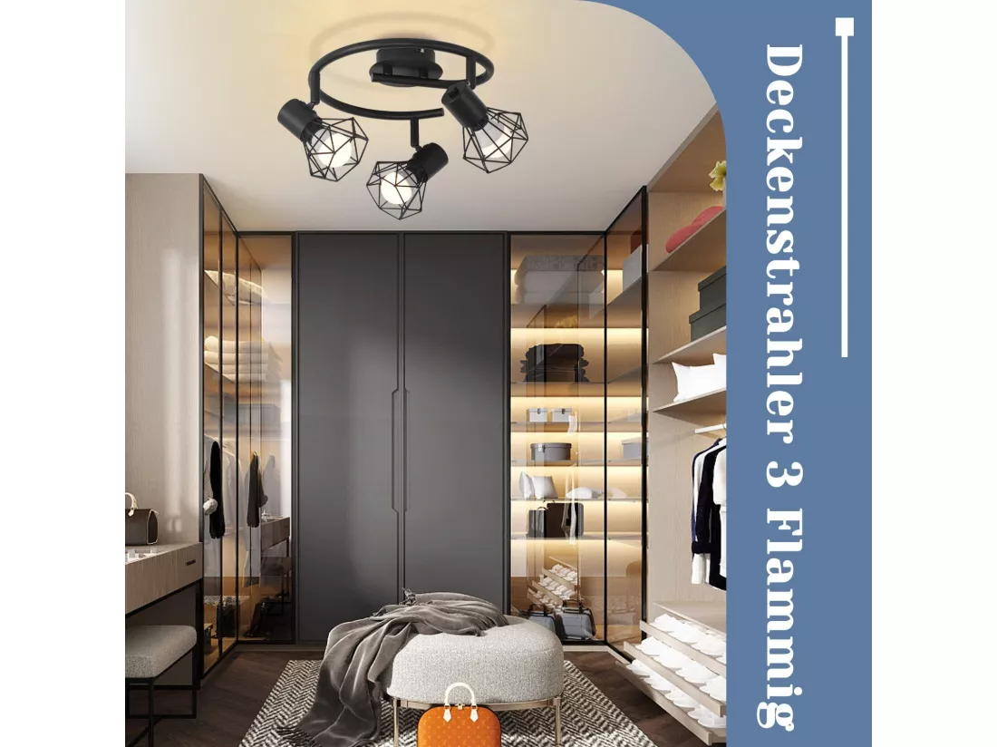 NETTLIFE 3 Spots de Plafond Rond E14 Noir Rétro Pivotants en Métal pour Chambre Salon Étude Couloir, Max. 25W (Ampoules Non Incluses)