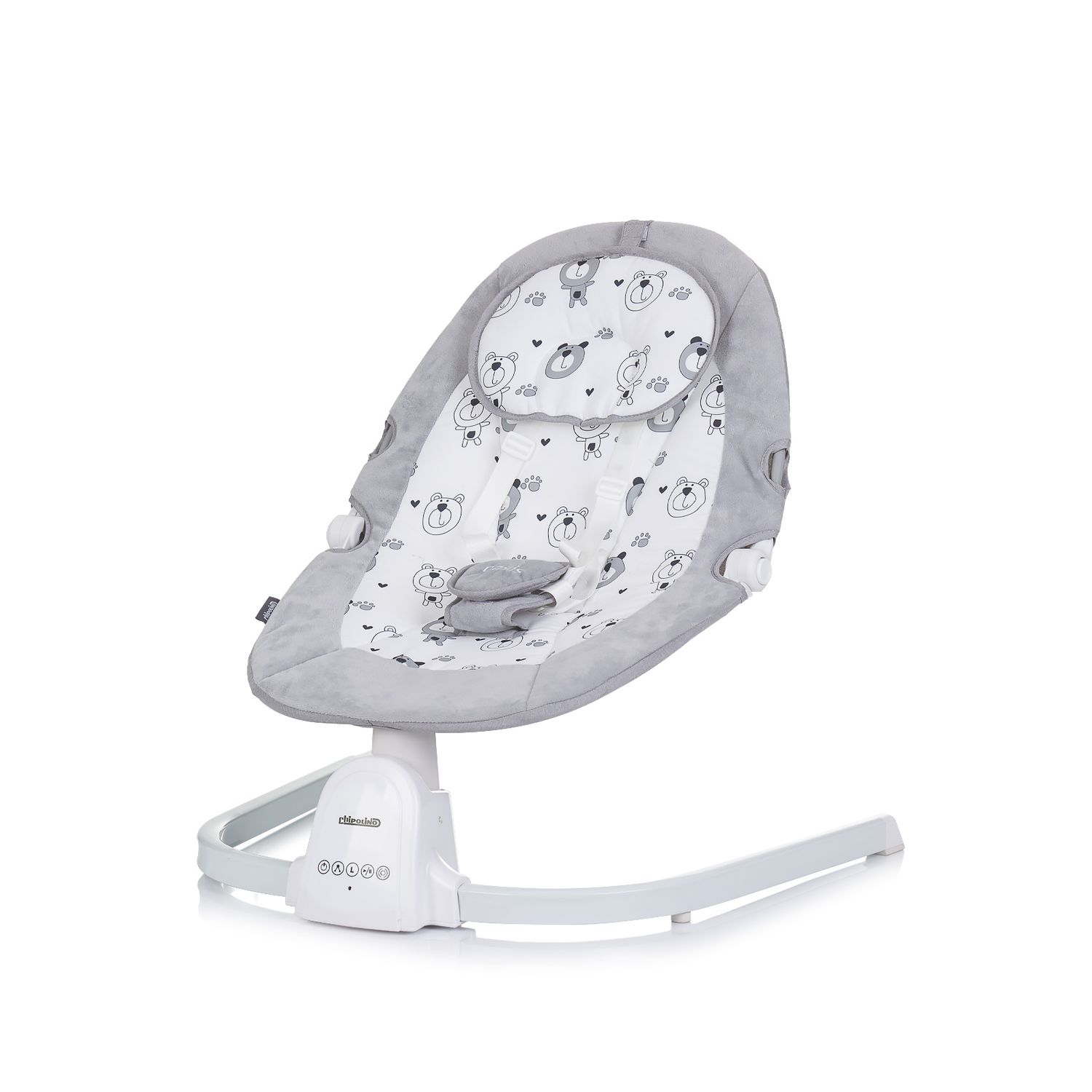 Chipolino Babywippe Oasis Fernbedienung, Timer, Moskitonetz, Gurt, Plüschtiere grau