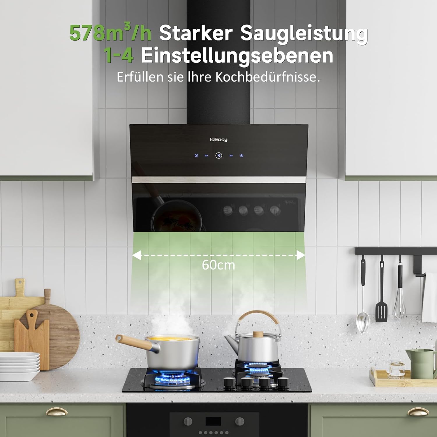 Dunstabzugshaube 60 cm, IsEasy Umluft Dunstabzugshaube mit 578 m³/h starke Saugleistung, Wandhaube 60 cm mit kohlefilter, 4 Einstellstufen, Abluftmodus,1-9-Minuten-Timer, 58 dB, Schwarz, Effizienz A++