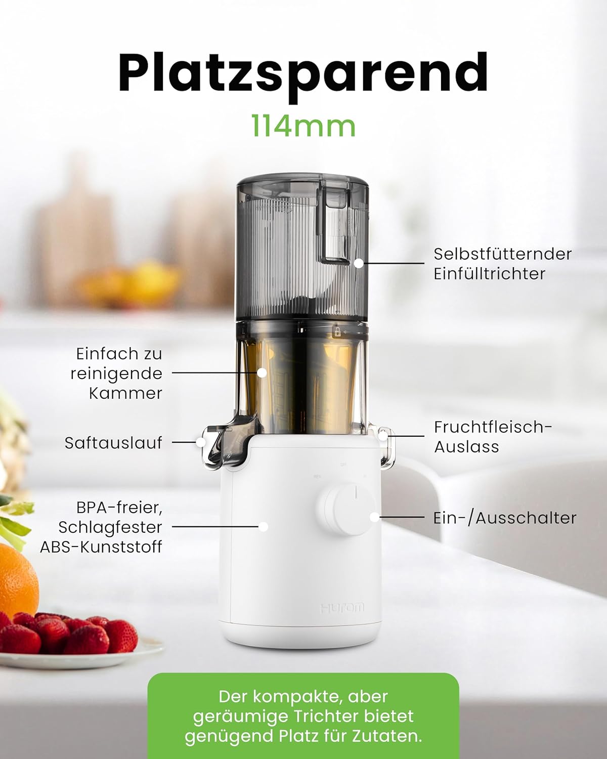 Hurom Slow Juicer | Entsafter Gemüse und Obst | H310 | Leicht zu Reinigen & Leiser Motor Elektrischer Entsafter mit Siebfilter | 150 Watt | BPA Frei | Schlankes Design | 220ml, Weiß