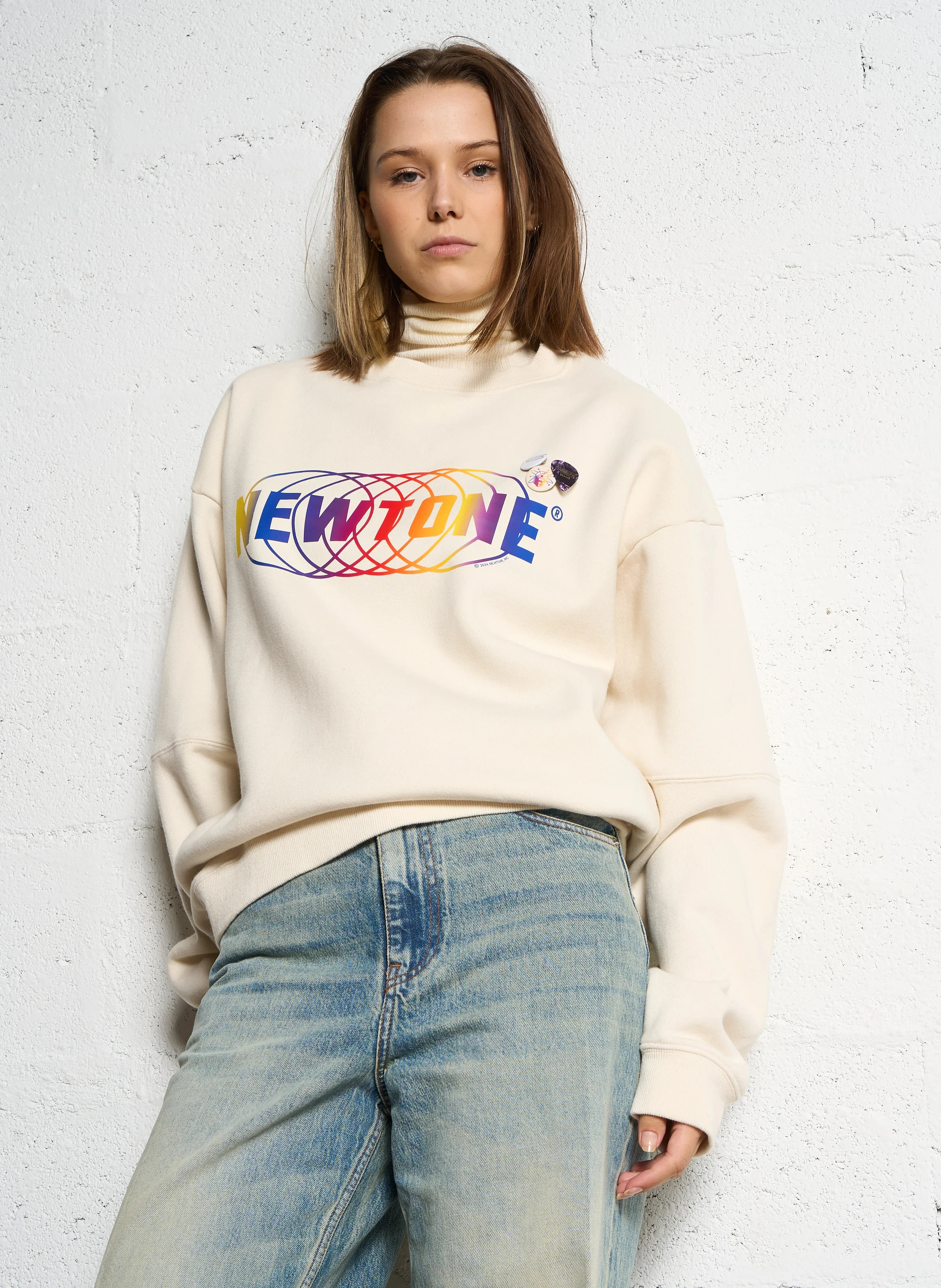 ROLLER CIRCLE - Sweat ample col rond sérigraphié en coton mélangé | Beige