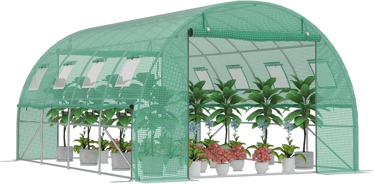 Gewächshaus 3x4 m (12 m²) – Garten Foliengewächshaus mit 8 Fenstern, UV-beständig, verzinkter Stahlrahmen, Moskitonetz, ideal für Gemüse, Tomaten, Blumen, Tomatenhaus, grün