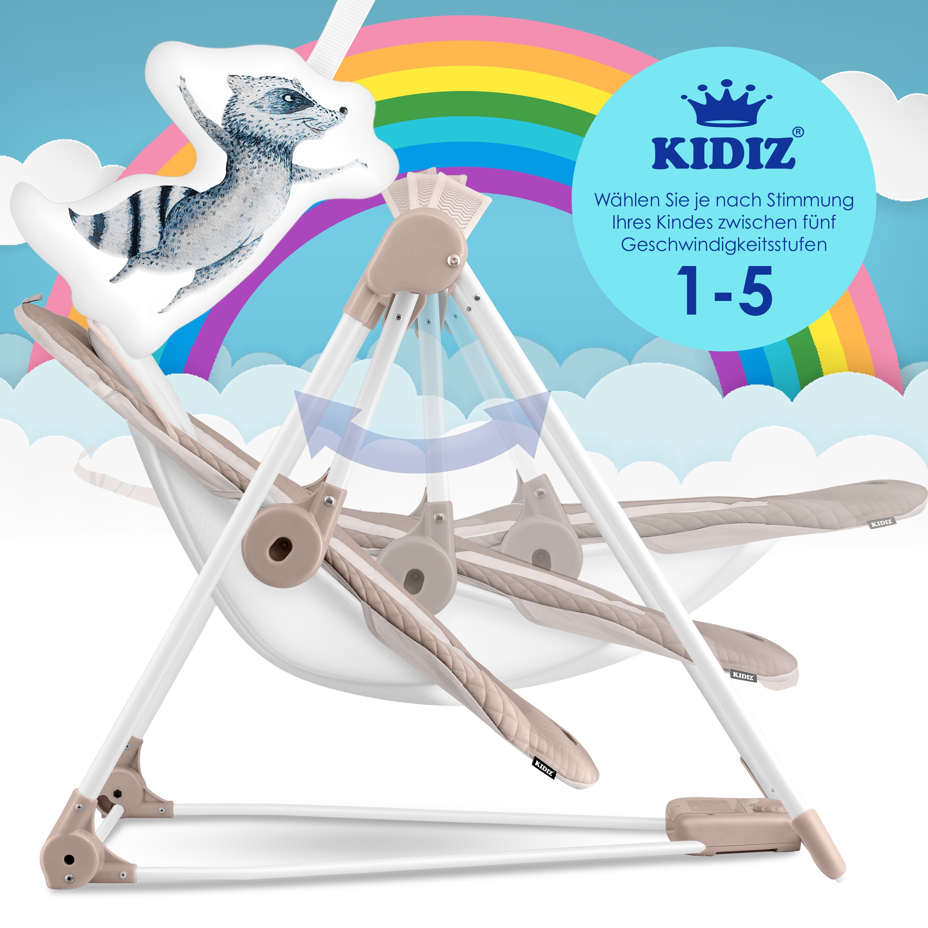 KIDIZ® Babywippe Babyschaukel mit 5 Geschwindigkeitseinstellungen zusammenklappbarer Baby Wippe Schaukel Babyhochstuhl mit Spielbogen Spielzeugen 5 beruhigende Naturgeräusche neugeborene