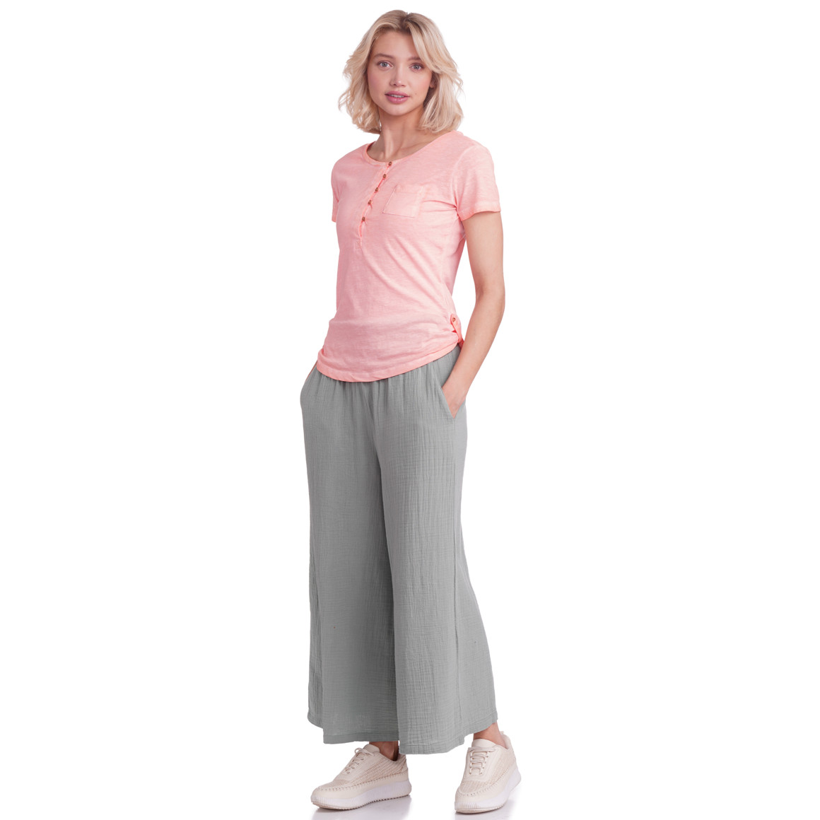 Gina Damen T-Shirt mit Knopfleiste rosa