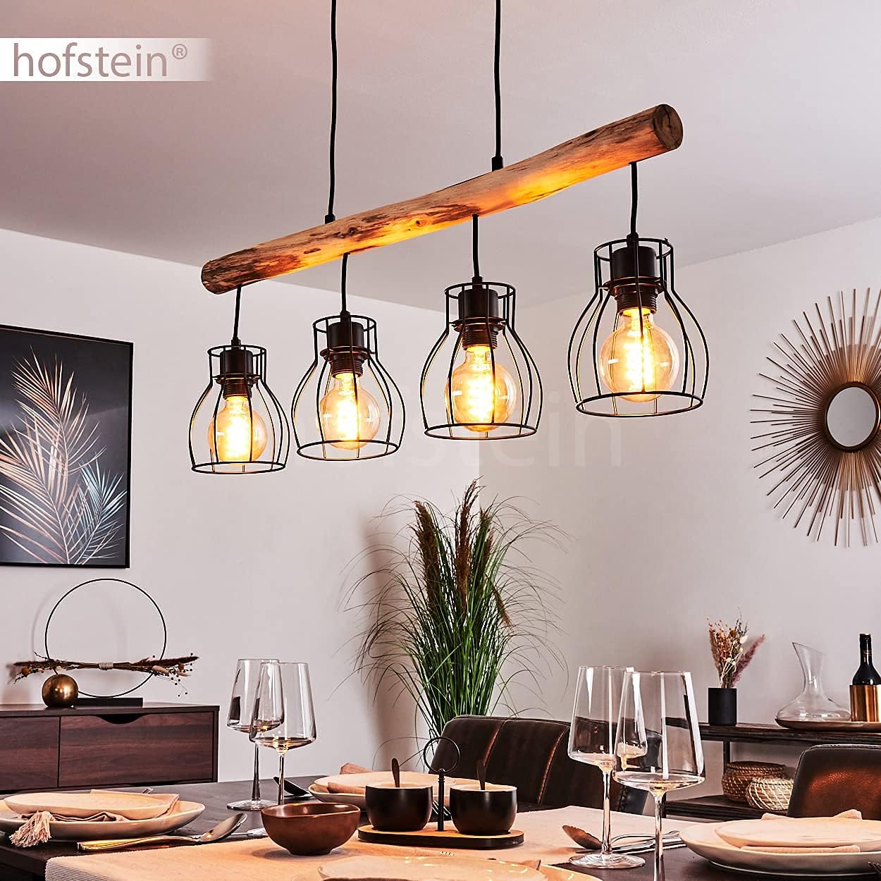 HOFSTEIN Pendelleuchte Gondo, Hängelampe aus Metall/Holz in Schwarz/Braun, 4-flammig aus Naturholz und schwarzem Metall, gitterförmige Lampenschirme, Höhe bis max. 138 cm, Küche, Wohnzimmer, Esszimmer