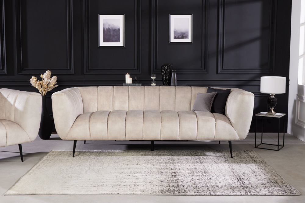 Design 3-Sitzer Sofa NOBLESSE 225cm champagner beige Samt 3-Sitzer Federkern schwarze Metallfüße